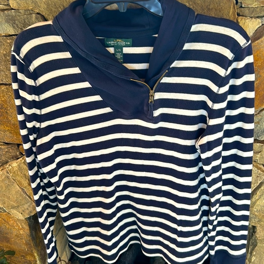 Lauren Jeans Co. Ralph Lauren Navy & White Striped L Long Sleeved Pullover; NWOT